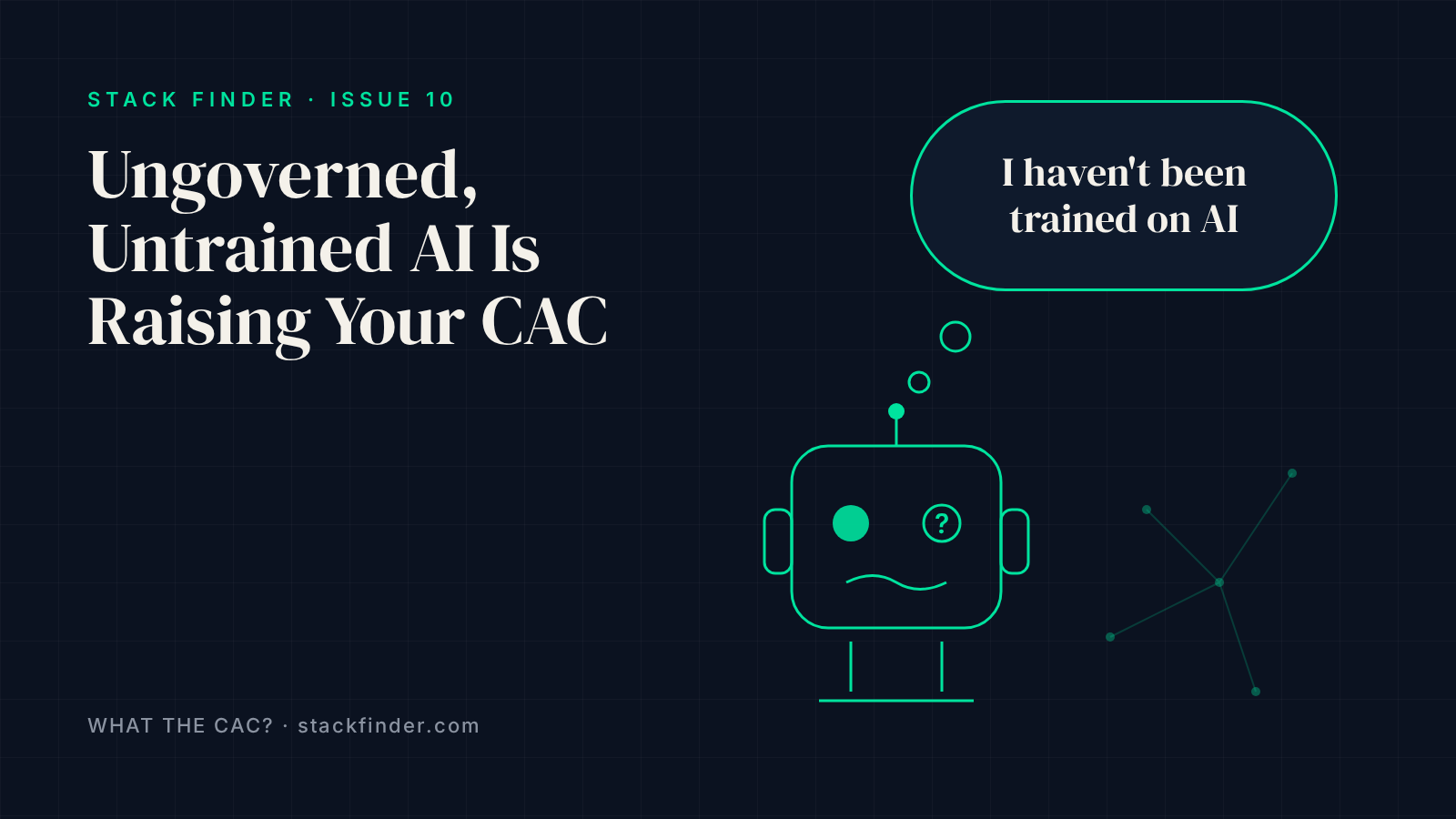 What the CAC? Issue 10 Abstract outline robot with a thought bubble that reads I haven't been trained on AI