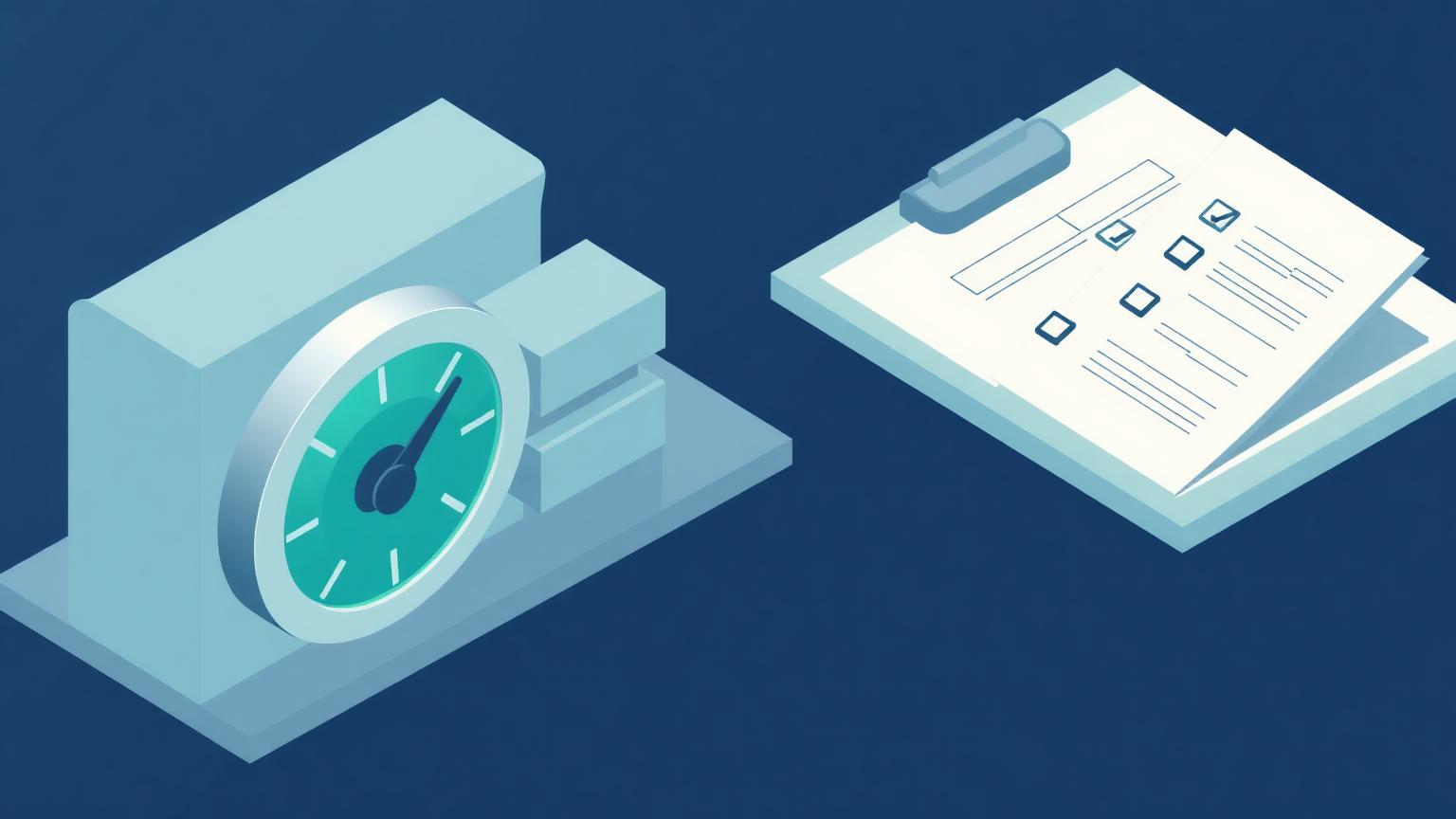 Isometric illustration of a checklist board beside a data pipeline feeding a glowing core