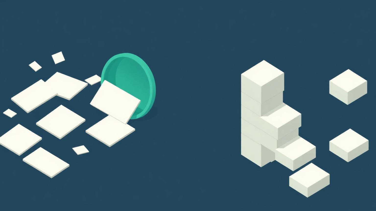 Foundations before models Isometric illustration of scattered cards flowing through a funnel and stacking into aligned blocks