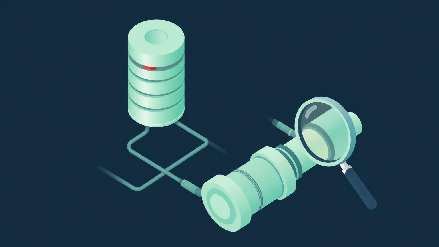 Checking pipeline health before building Isometric illustration of a database cylinder linked by pipes with a health indicator and a magnifier
