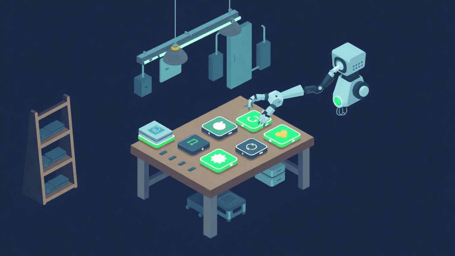Isometric illustration of a workbench holding assorted tool shapes beside a glowing panel