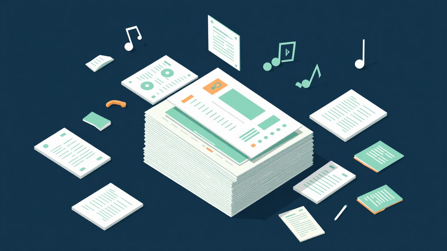 Turning scattered knowledge into a usable record Isometric illustration of scattered notes, waveforms and documents being pulled into one organised stack