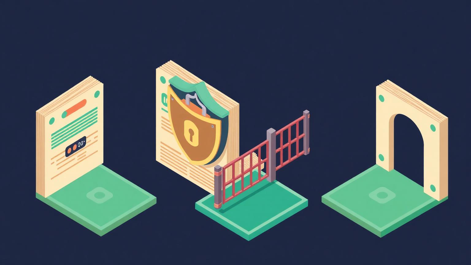 Guardrails decided before launch Isometric illustration of a shield and padlock guarding record cards with one gated pathway blocked