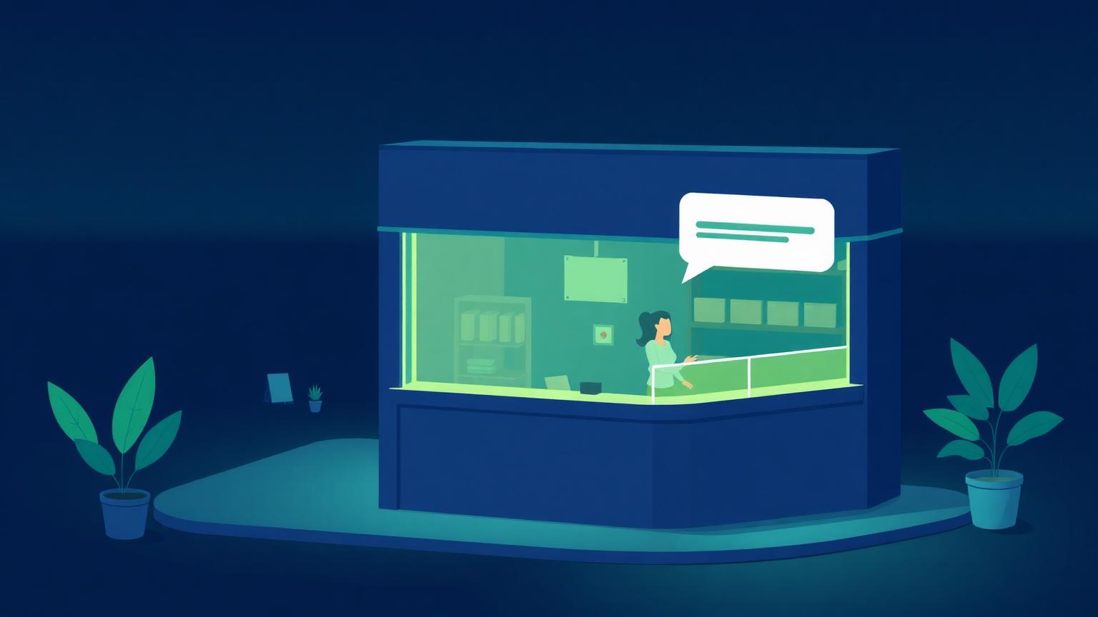 Covering the hours nobody is there Isometric illustration of a storefront counter at night with a glowing chat assistant panel
