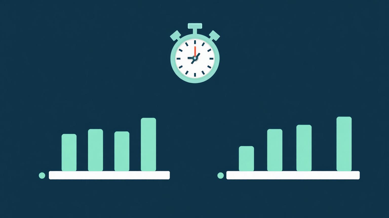 Benchmark first, then measure Isometric illustration of two test lanes with a baseline bar group and an improved bar group beside a stopwatch