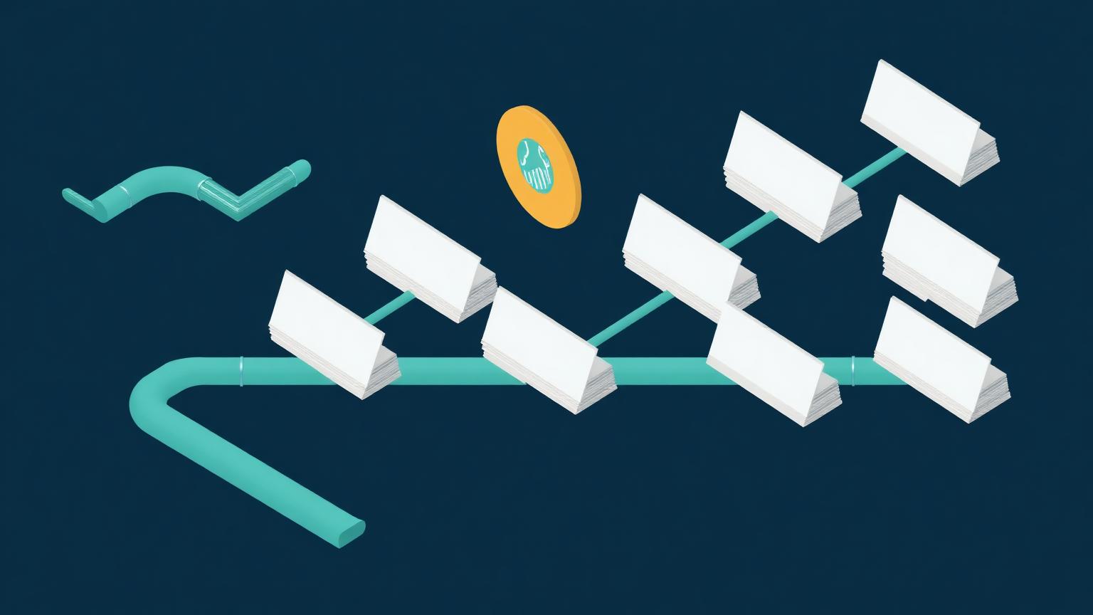 Isometric illustration of a pipeline board of blank contact cards moving toward a handshake marker