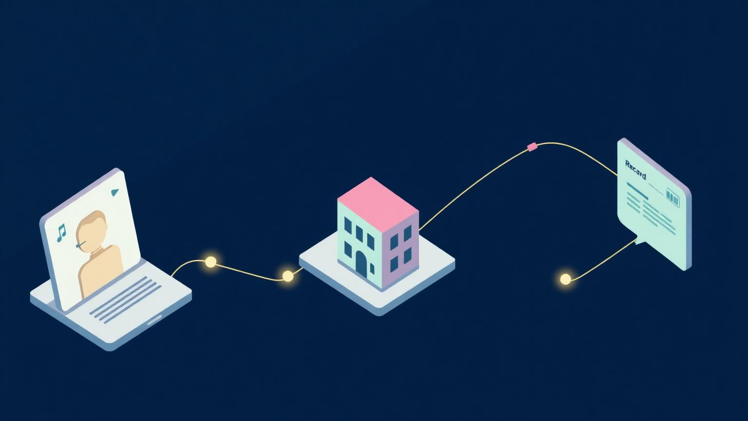 Contacts, accounts and activity in one record Isometric illustration of linked record cards showing a person, a company and a note connected by glowing lines
