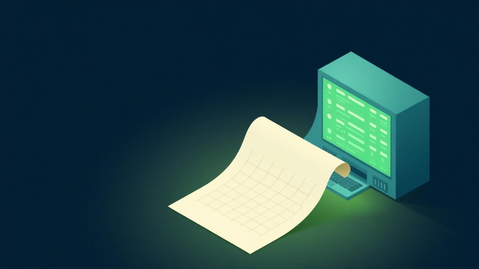 A system of record beats a spreadsheet Isometric illustration of a loose grid-ruled paper sheet beside a glowing database console