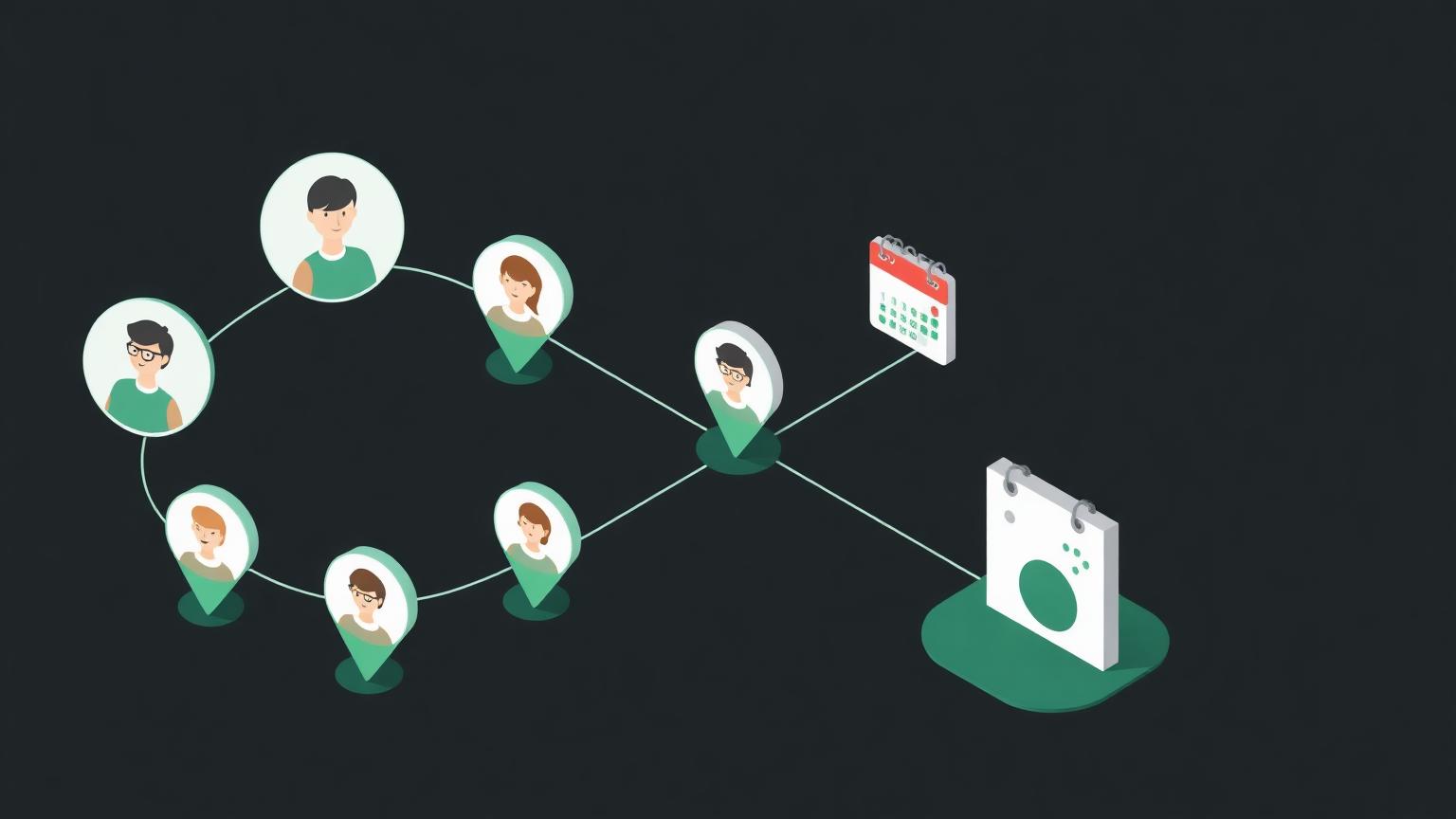 Isometric illustration of routing lines distributing appointments across several team members