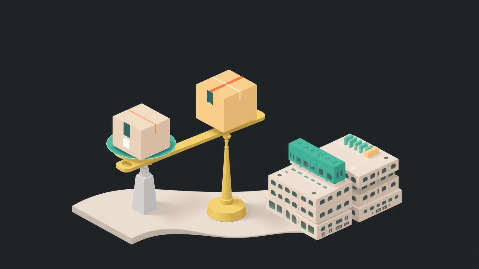 Isometric illustration of a balance scale weighing a box against stacked code blocks