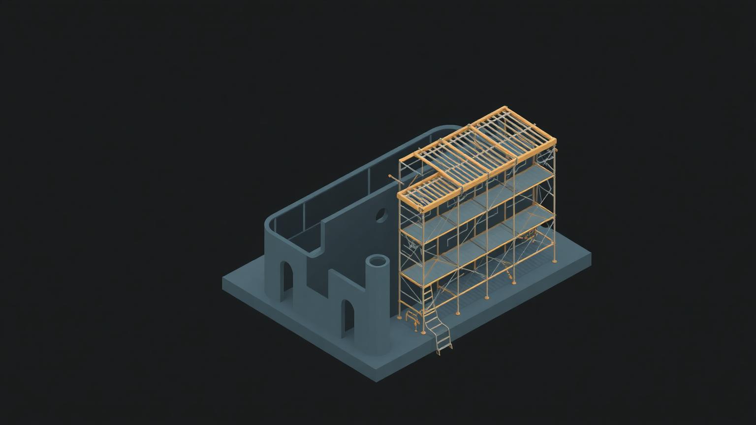 The unfinished last stretch of a build Isometric illustration of a partially built structure with unfinished scaffolding on one end