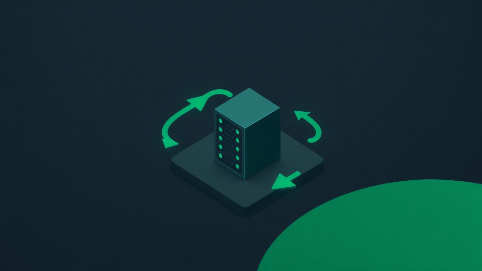 The ongoing upkeep of internal systems Isometric illustration of recurring cycle arrows around a small server block