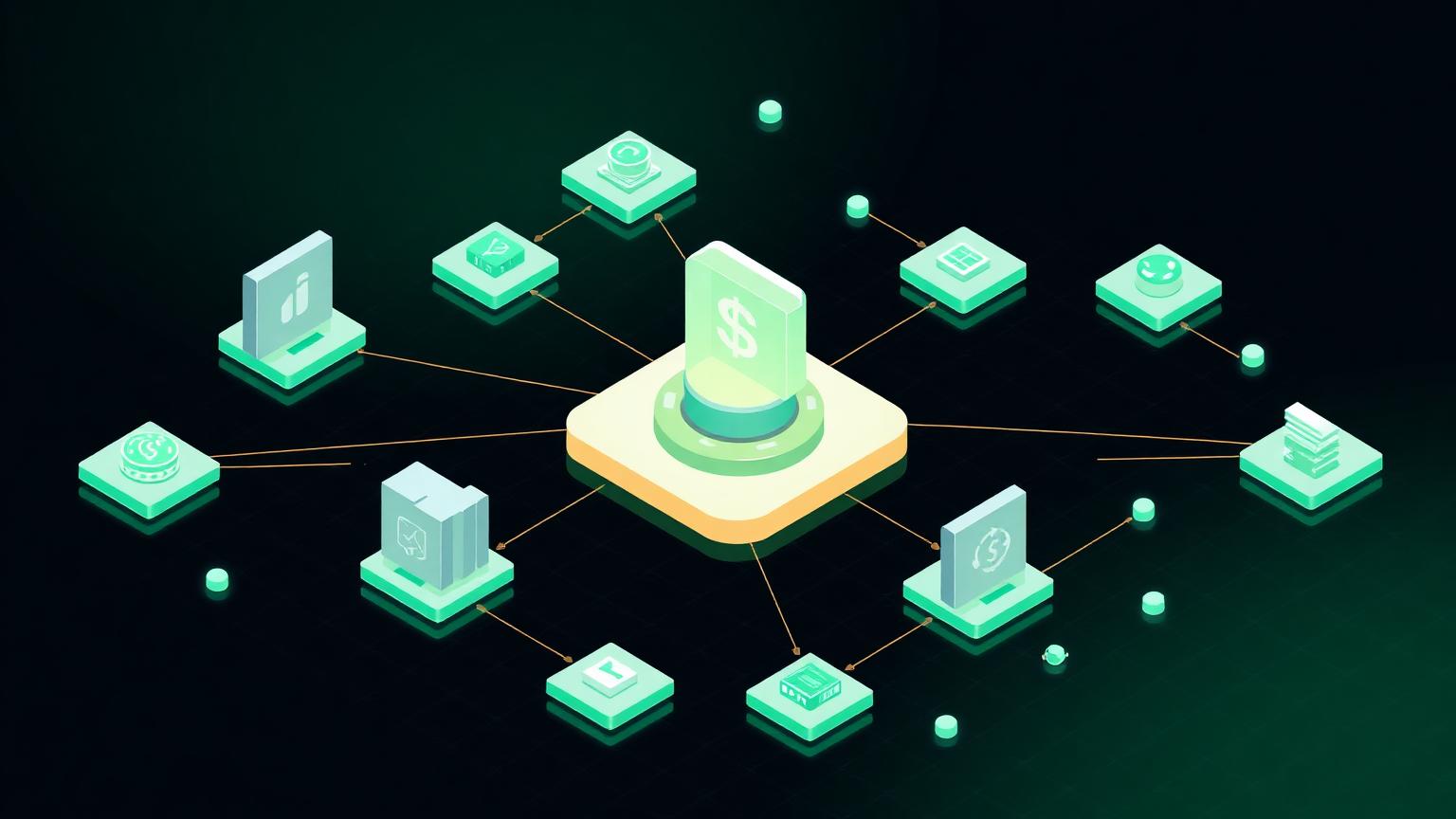 Isometric illustration of a central billing hub connected to alternative platform tiles