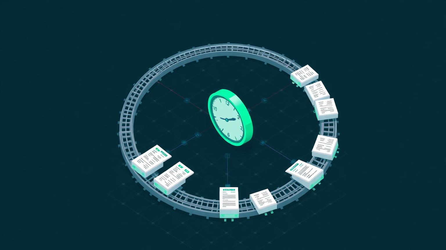 Recurring billing cycles running on schedule Isometric illustration of a circular rail with invoice cards cycling around a central clock