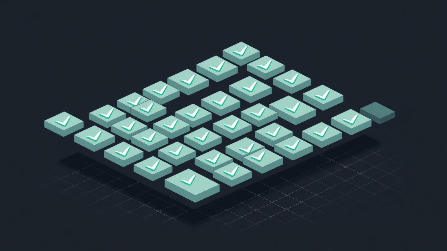 Shortlisting accounting tools against real criteria Isometric illustration of a grid of evaluation tiles marked with check symbols