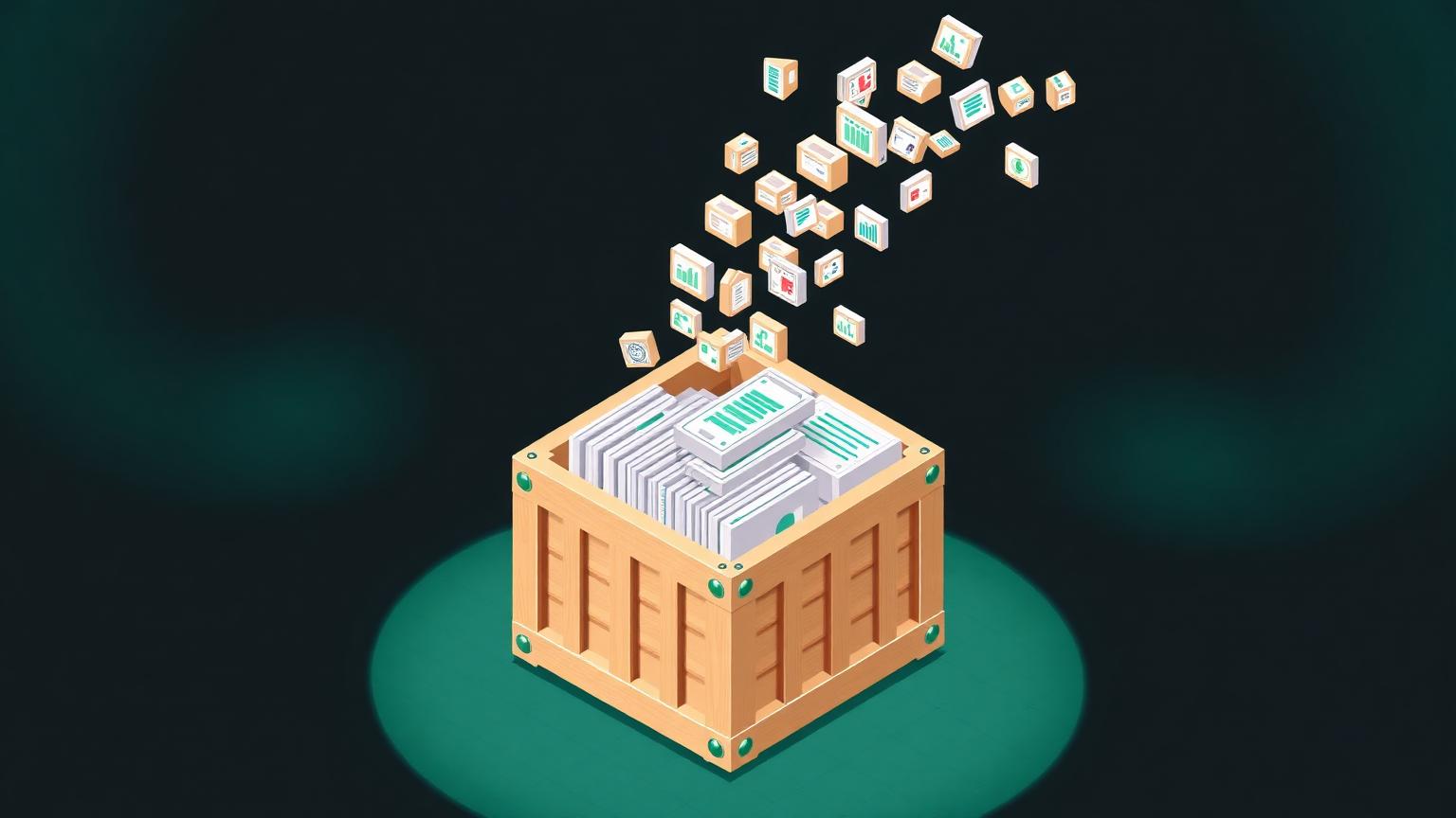 Exporting financial records during a migration Isometric illustration of an open crate of records with data tiles lifting out