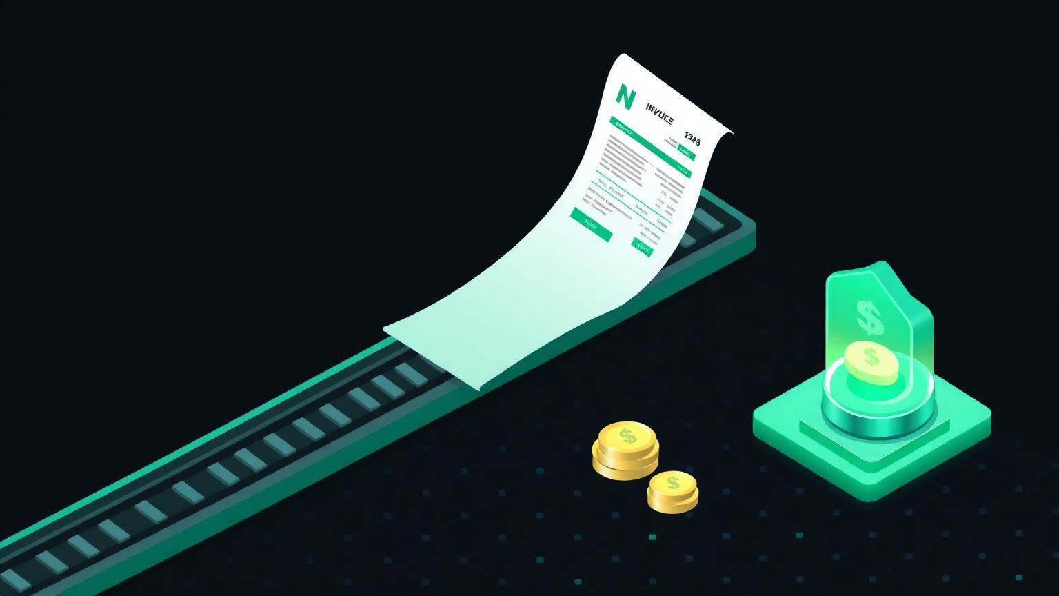 Invoice-first versus ledger-first accounting Isometric illustration of an invoice moving along a track into a glowing payment node