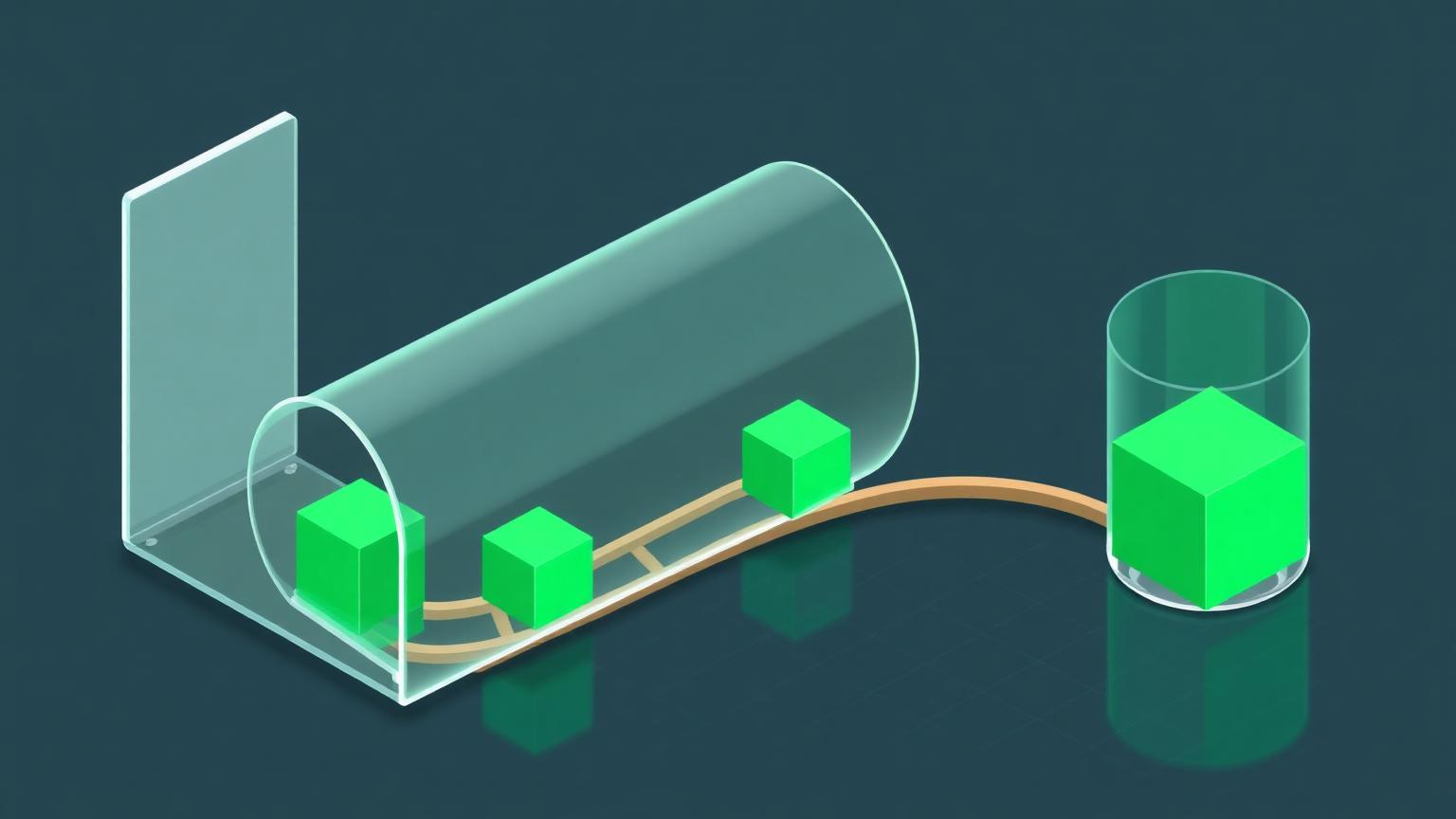 Migrating accounting data between systems Isometric illustration of green cubes travelling along a rail between two glass containers