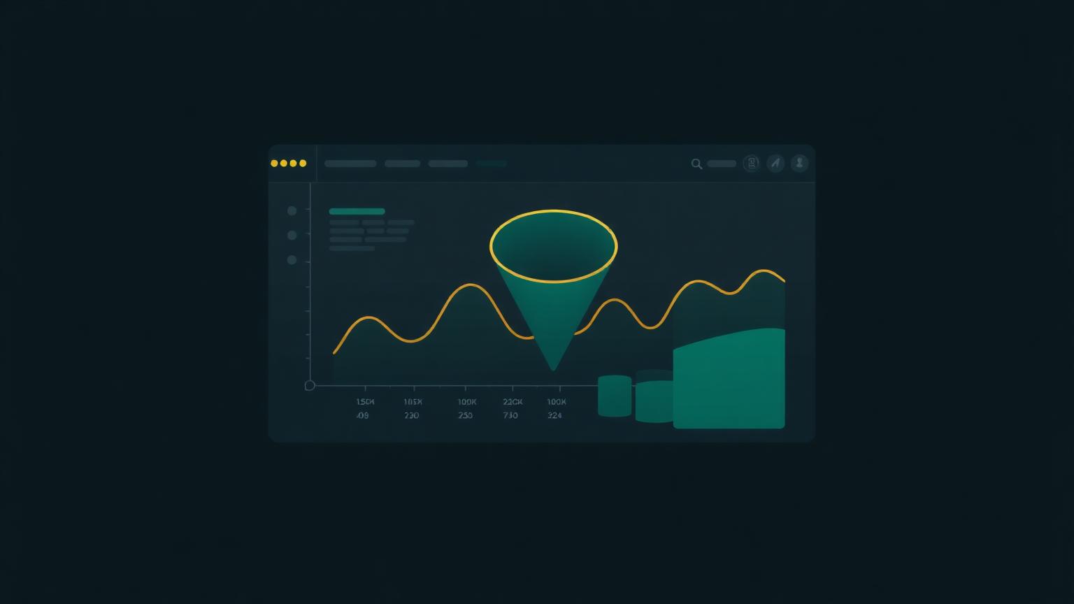 Isometric illustration of an analytics dashboard beside a measurement funnel