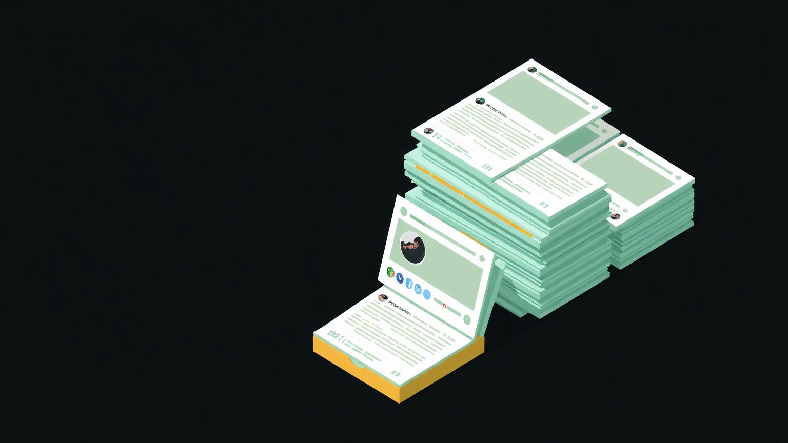 Isometric illustration of stacked social post cards feeding several channel tiles