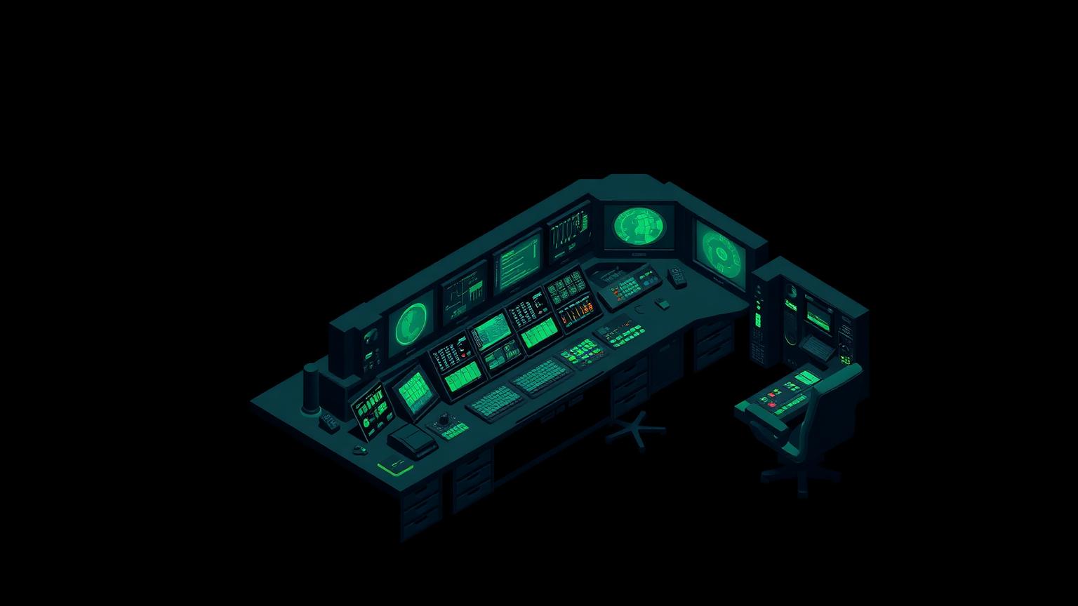Heavyweight social management console Isometric illustration of a dense control room console with many screens