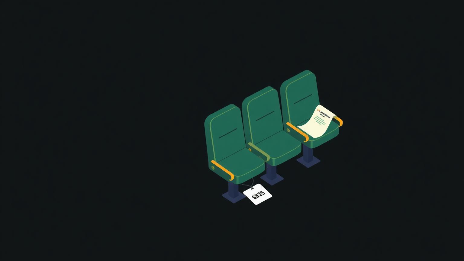 Per-seat cost in social tooling Isometric illustration of a row of seats with a single price tag attached