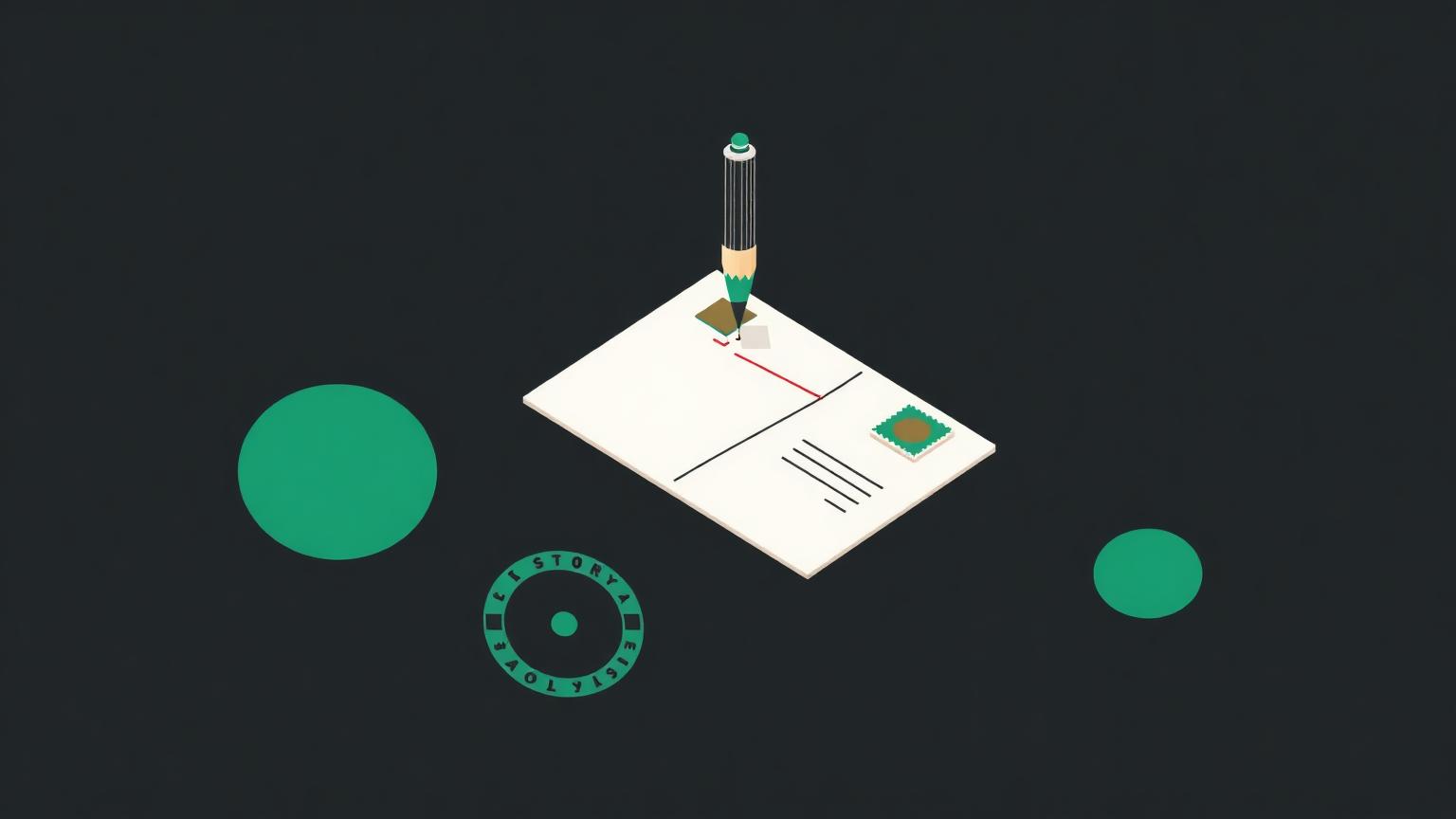 Manual posting versus automated publishing Isometric illustration of a pencil writing on a card beside a mechanical stamp