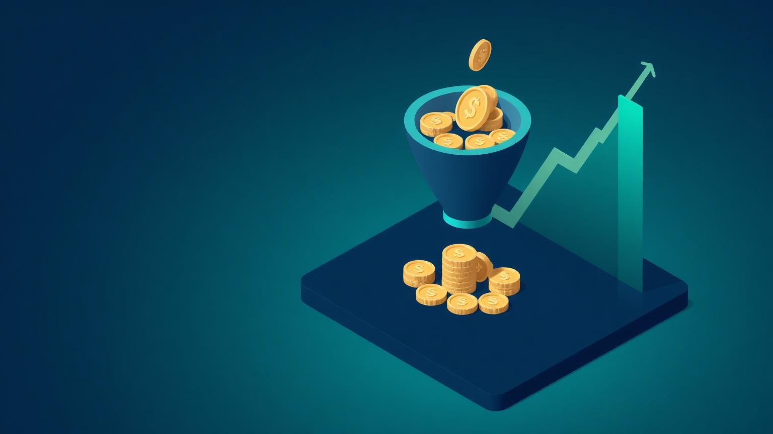 Isometric illustration of a funnel above a coin stack with a downward cost arrow