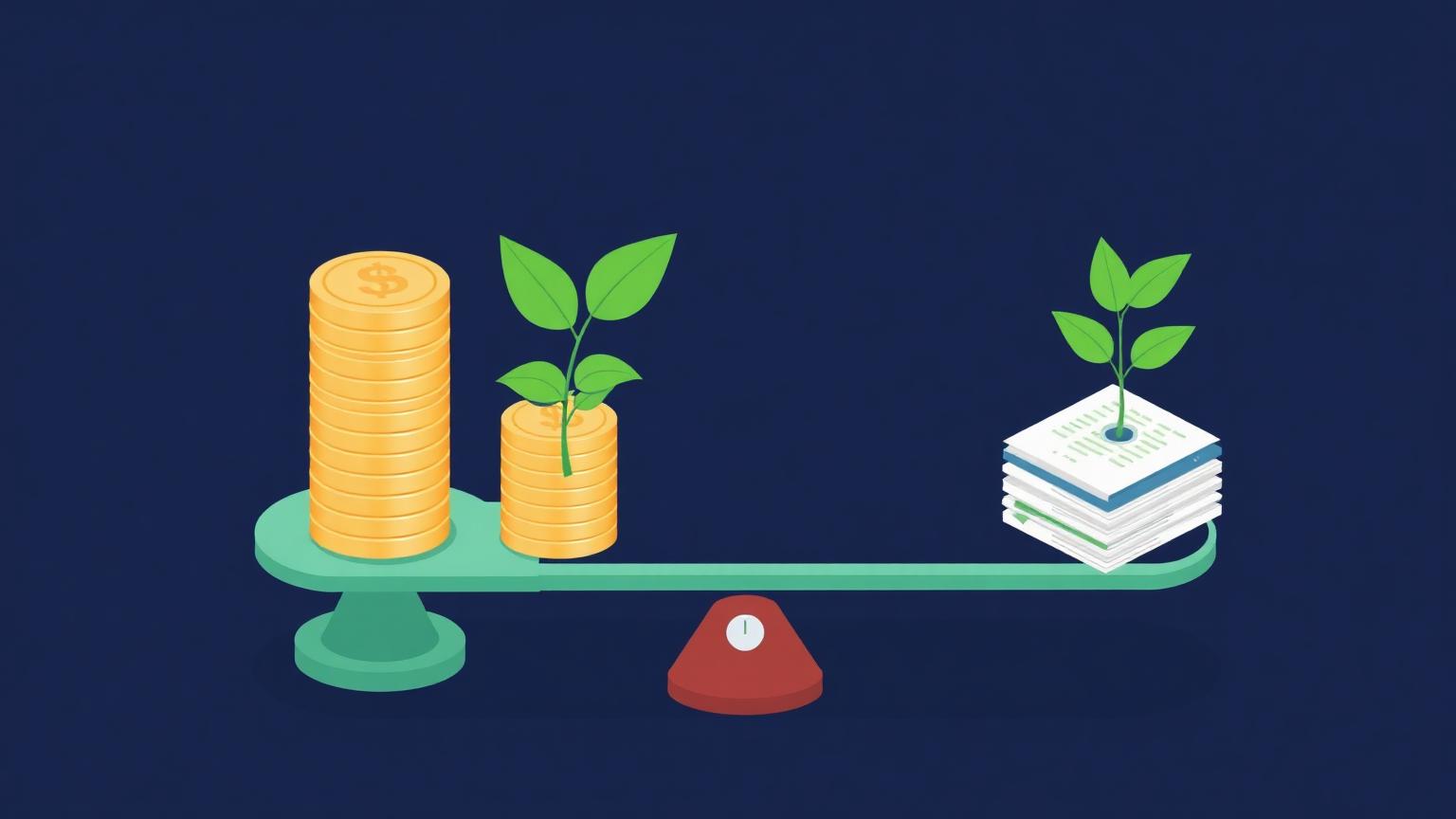 Weighing paid spend against compounding channels Isometric illustration of a balance scale weighing coins against a growing plant and a document stack