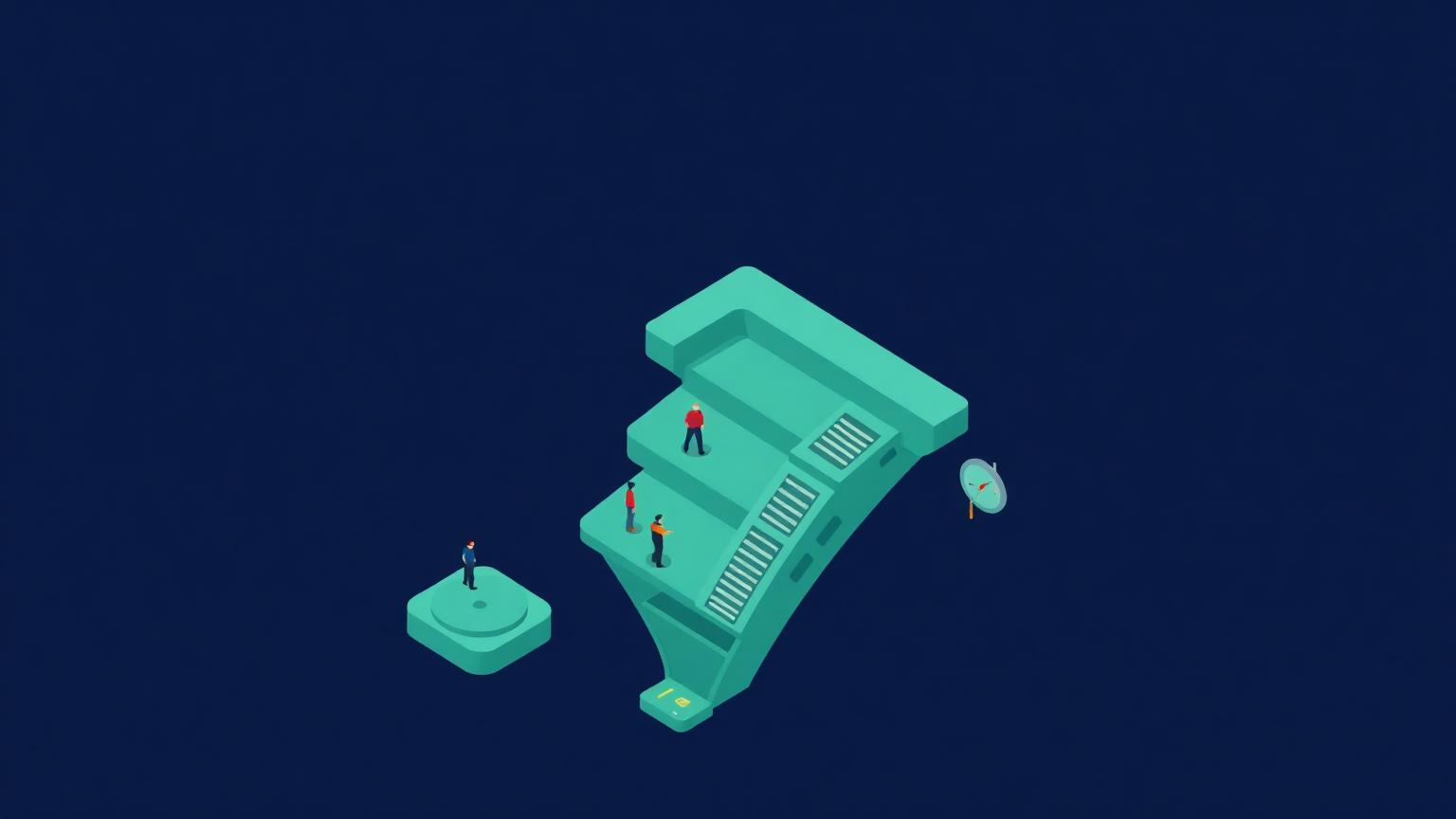 Conversion between stages, not just at the top Isometric illustration of a stepped funnel with figures moving between stages and gauges at each handoff