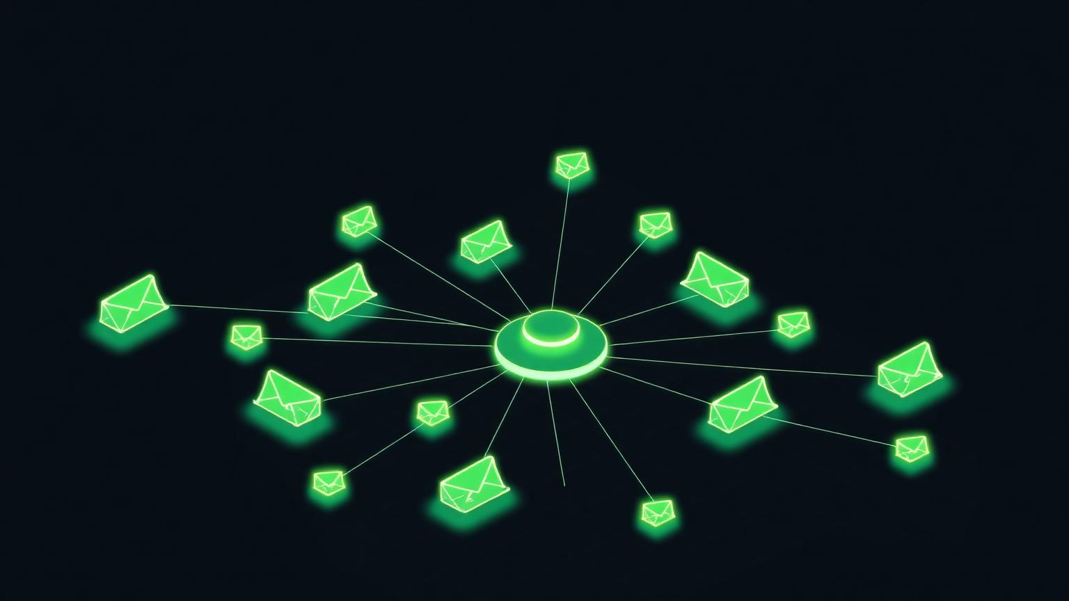 Isometric illustration of layered email envelopes rising from a platform grid