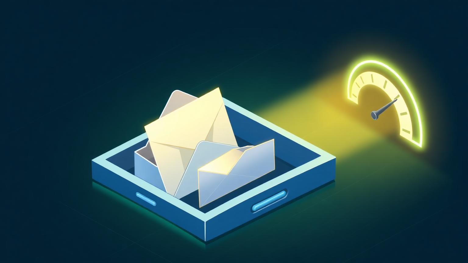 Isometric illustration of an inbox tray receiving envelopes beside a glowing signal gauge