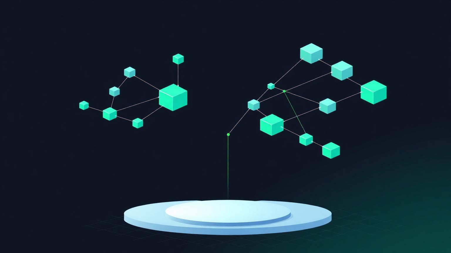 Isometric illustration of a branching automation flowchart of connected cubes