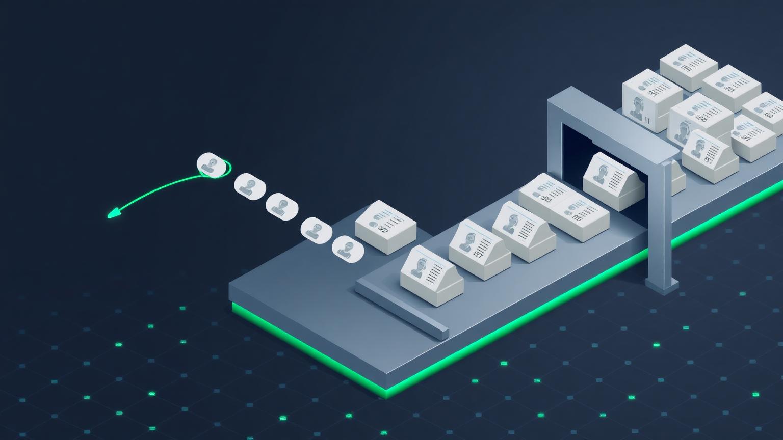 Isometric illustration of contact record tiles passing through a validation gate