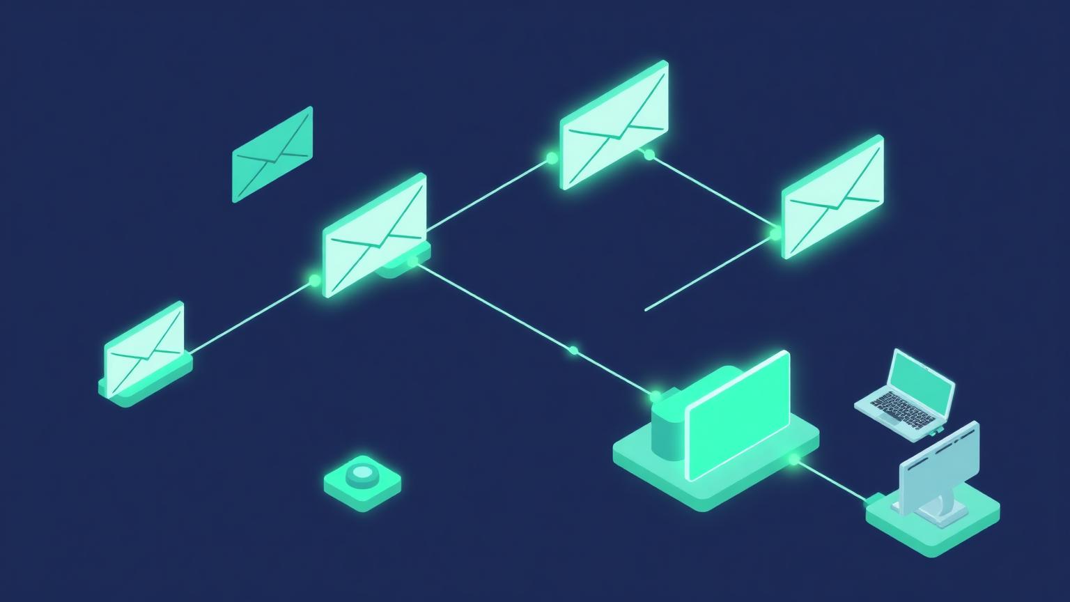 Isometric illustration of connected workflow nodes routing messages between team panels