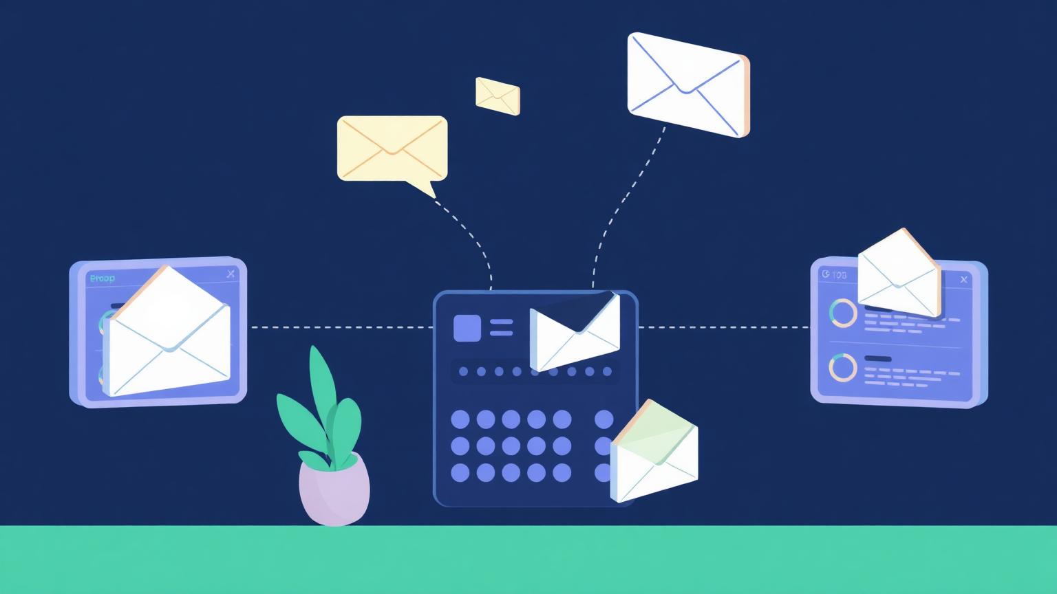 Routing messages to the right person Isometric illustration of chat bubbles and envelopes routed from a central switchboard to two team inbox panels