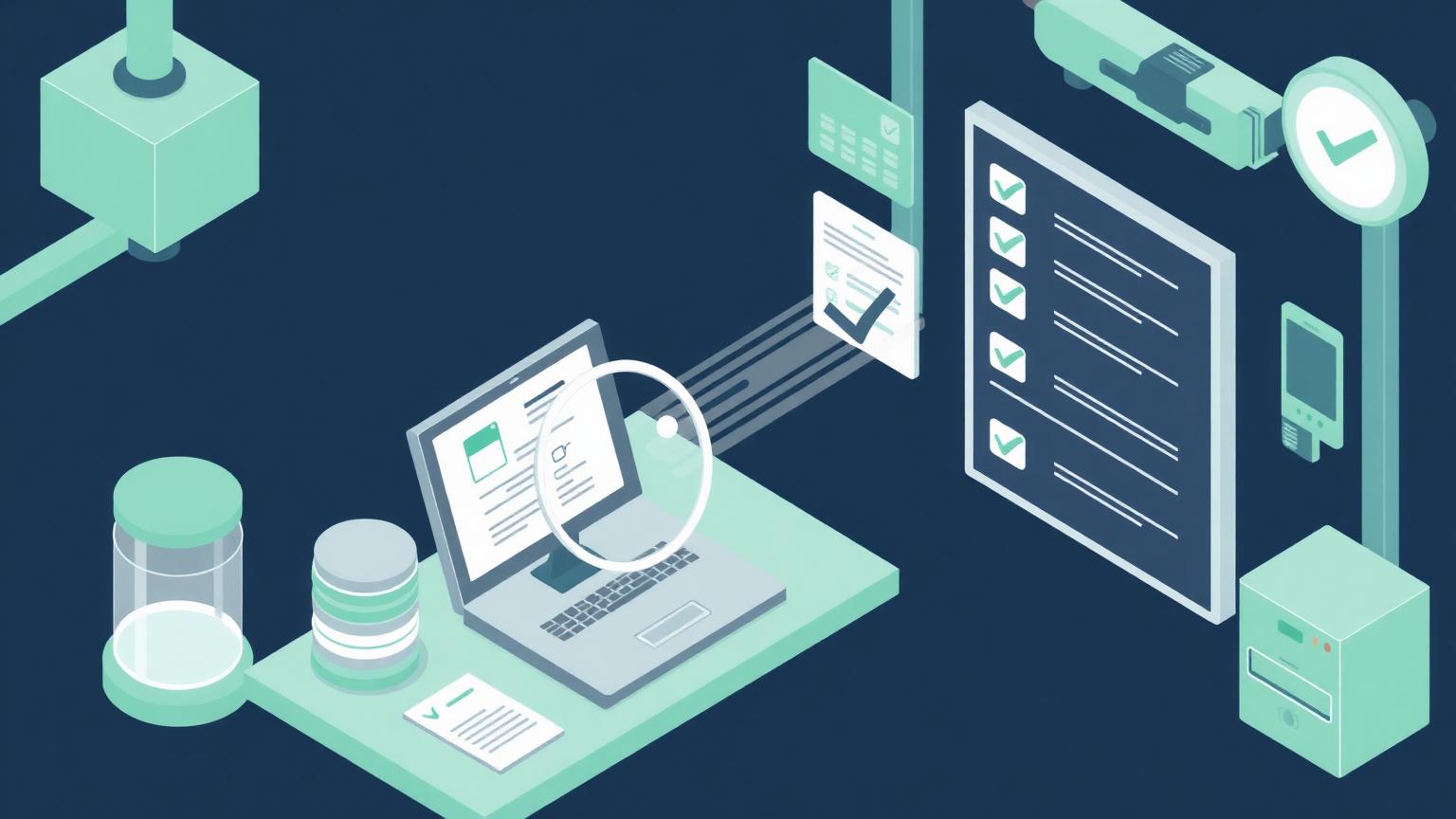 Testing before anything ships Isometric illustration of a quality-assurance station with sample data passing a magnifier and a checklist board