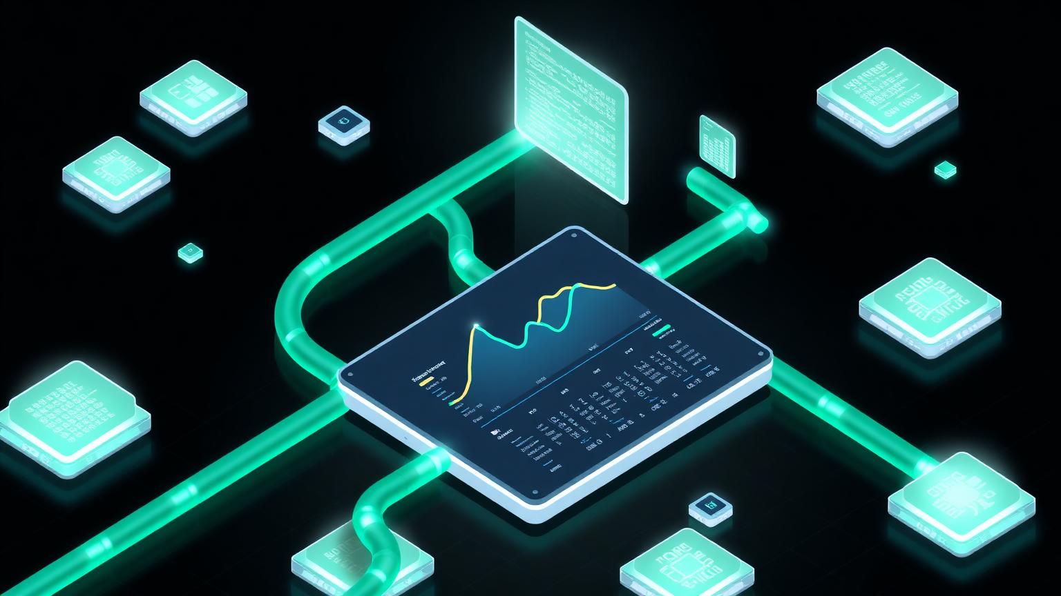 Isometric illustration of data streams converging into a single reporting pipe