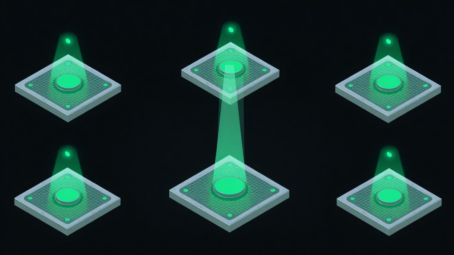 Marketing data sources feeding one reporting layer Isometric illustration of eight platform tiles emitting light beams toward one collection node