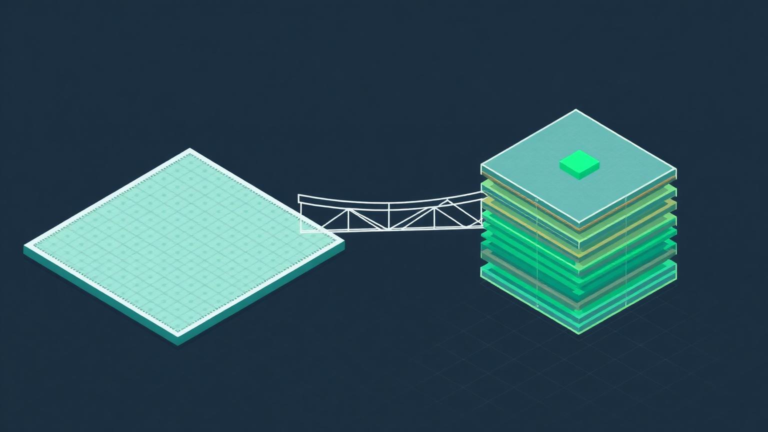 Spreadsheet reporting versus warehouse architecture Isometric illustration of a flat spreadsheet plane bridged to a layered data warehouse cube