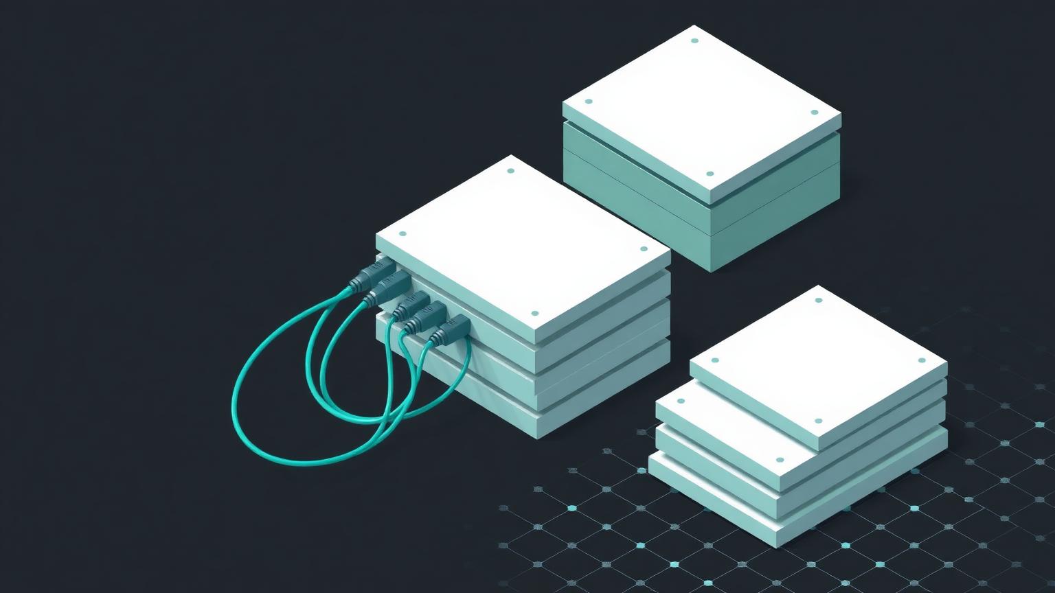 Connector costs scaling with source count Isometric illustration of connector cables plugging into a growing stack of blank slabs