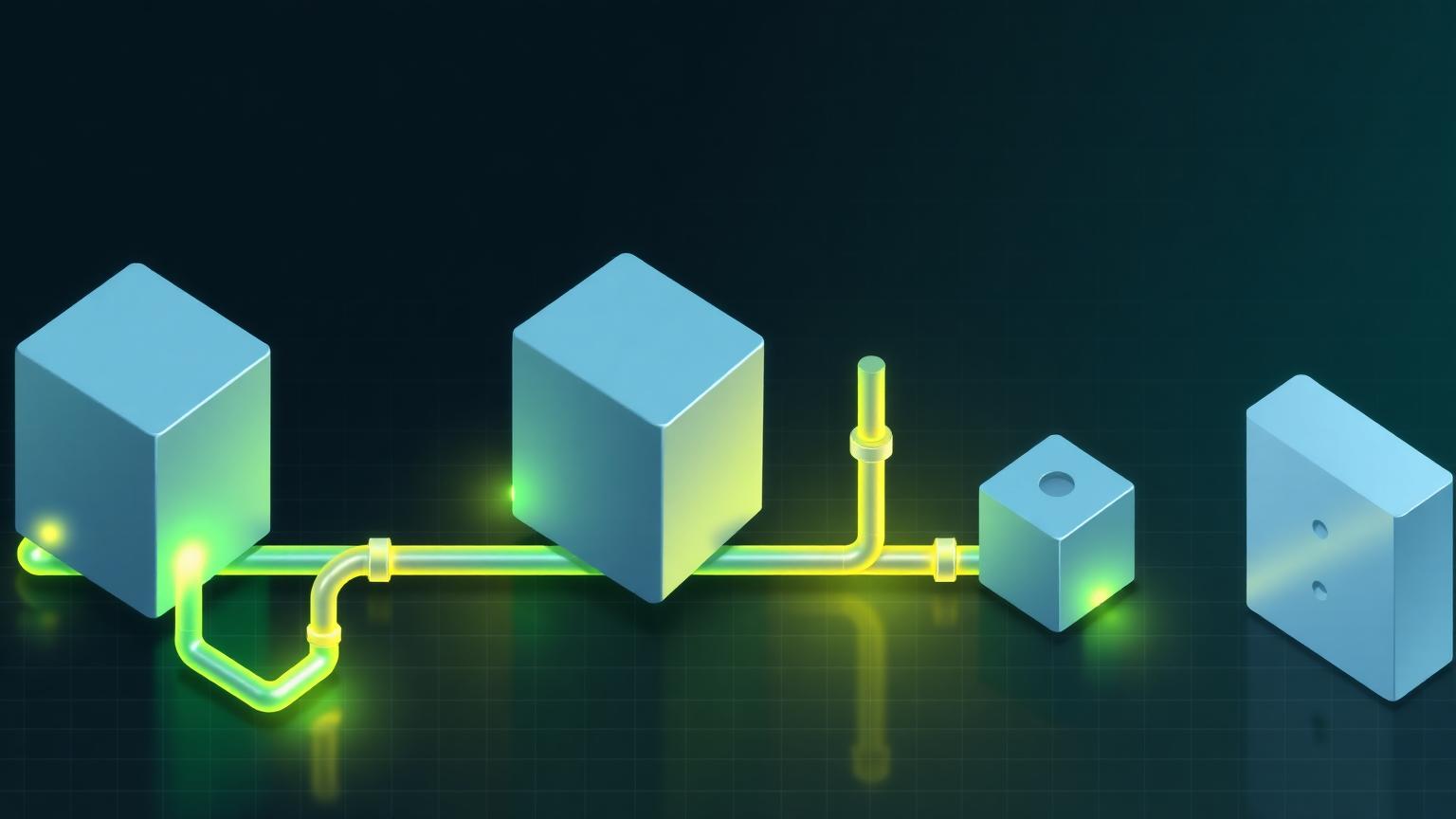 Extract, load and transform pipeline stages Isometric illustration of a three stage pipeline of geometric modules connected by glowing pipes