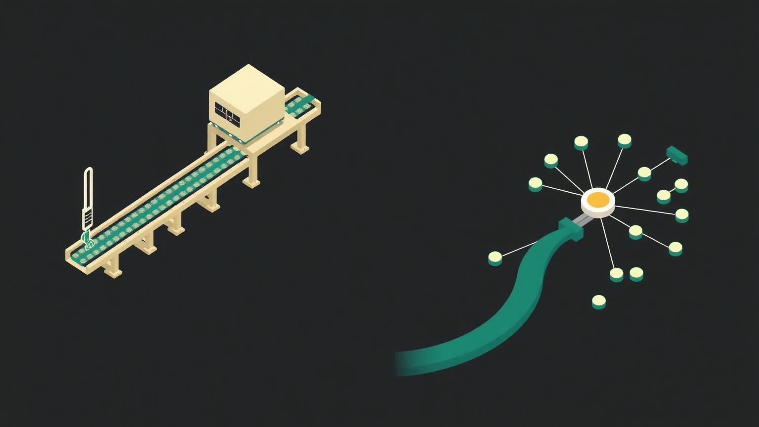 Isometric illustration of a straight conveyor beside a branching node hub