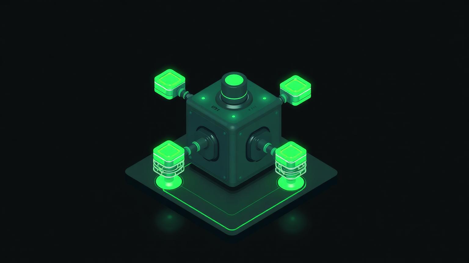 Isometric illustration of a branching automation canvas of connected nodes